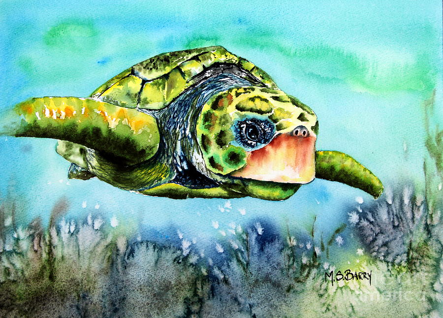 Green Turtle Painting by Maria Barry