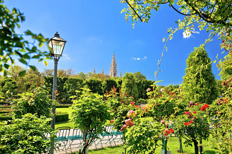 Green Volksgarten park of Vienna and city hall view Photograph by Brch Photography