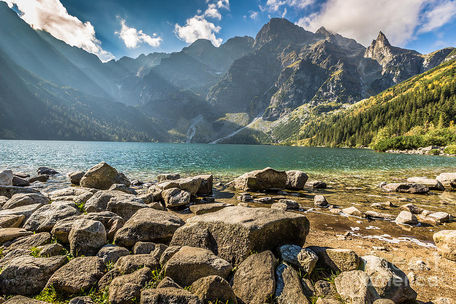 Green water mountain lake Morskie Oko, Tatra Mountains, Poland ...
