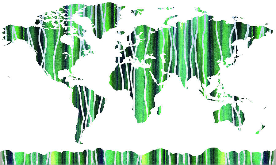 Green Watercolor Map Of The World Painting by Irina Sztukowski