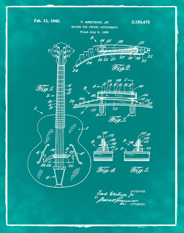 Vintage Photograph - Gretsch Guitar Bridge Patent 1940 Green by Bill Cannon