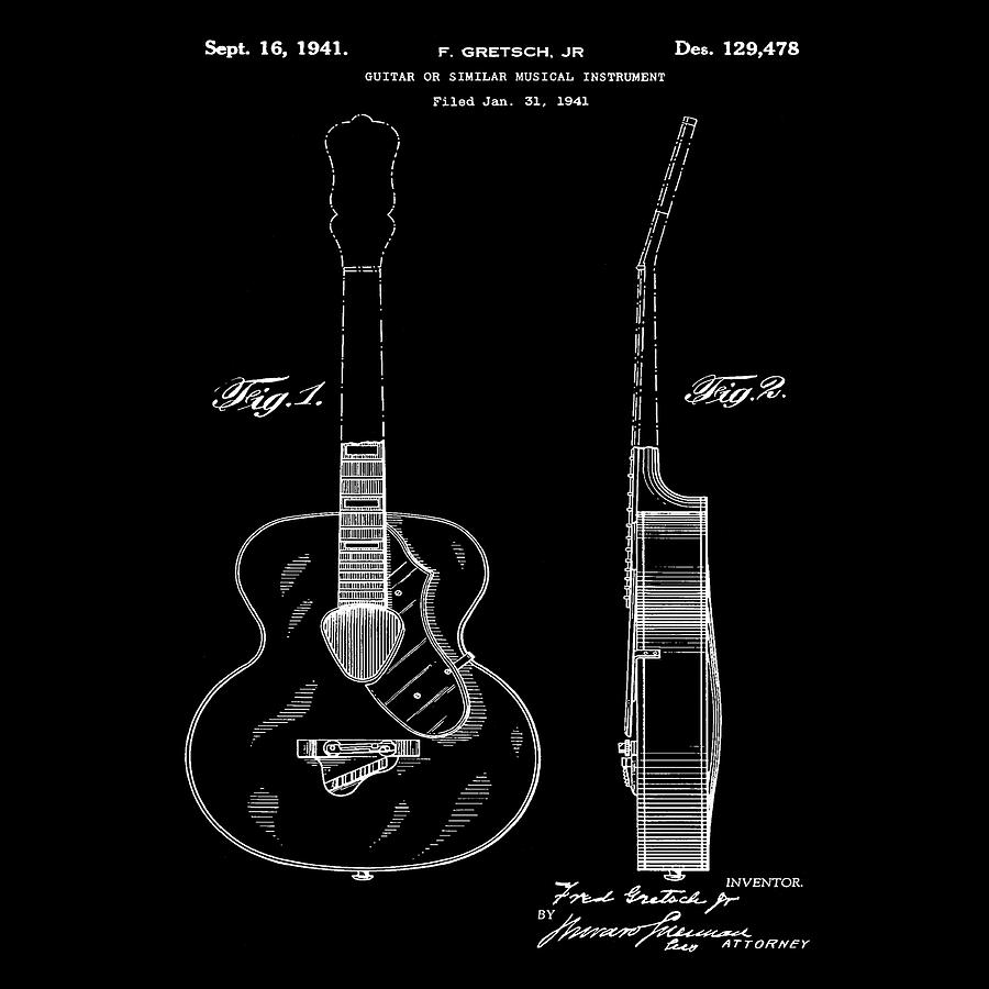 Gretsch Guitar 1941 Patent in Black Photograph by Bill Cannon