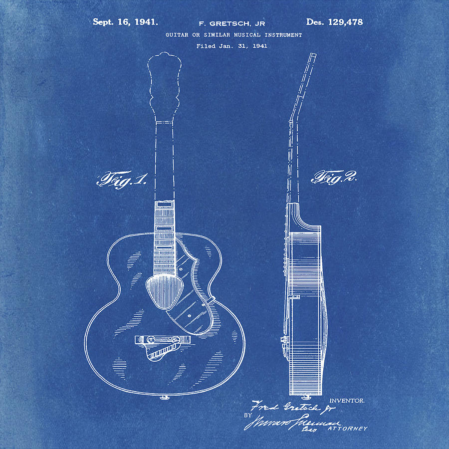 Gretsch Guitar 1941 Patent in Blue Photograph by Bill Cannon