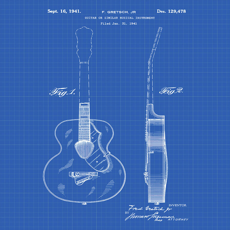 Gretsch Guitar 1941 Patent in Blueprint Photograph by Bill Cannon