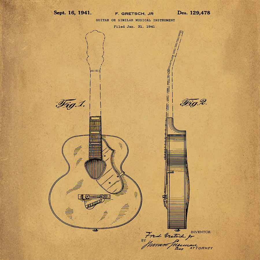 Gretsch Guitar 1941 Patent in Sepia Photograph by Bill Cannon