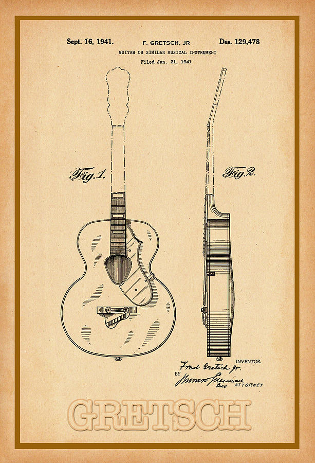 Gretsch Guitar Patent Drawing Digital Art by Carlos Diaz