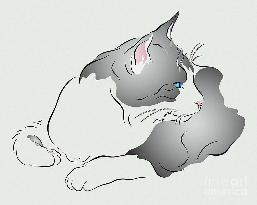 Grey and White Cat in Profile Graphic Digital Art by MM Anderson