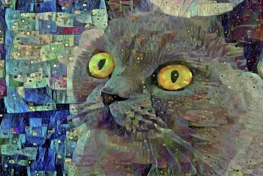 Grey Cat on Blue Abstract Art Photograph by Peggy Collins