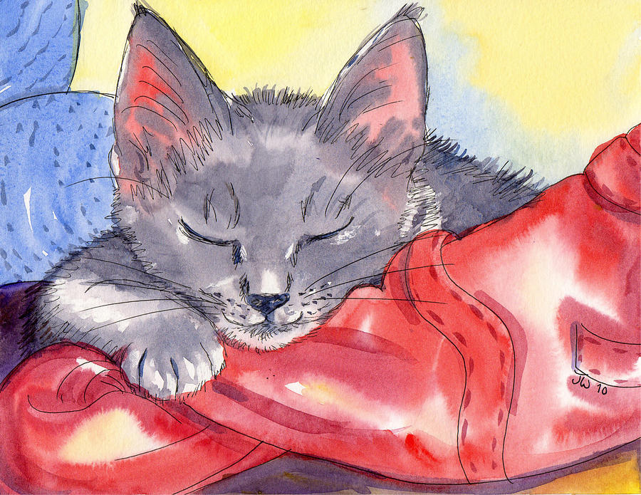 Grey kitten asleep on laundry Painting by June Walker