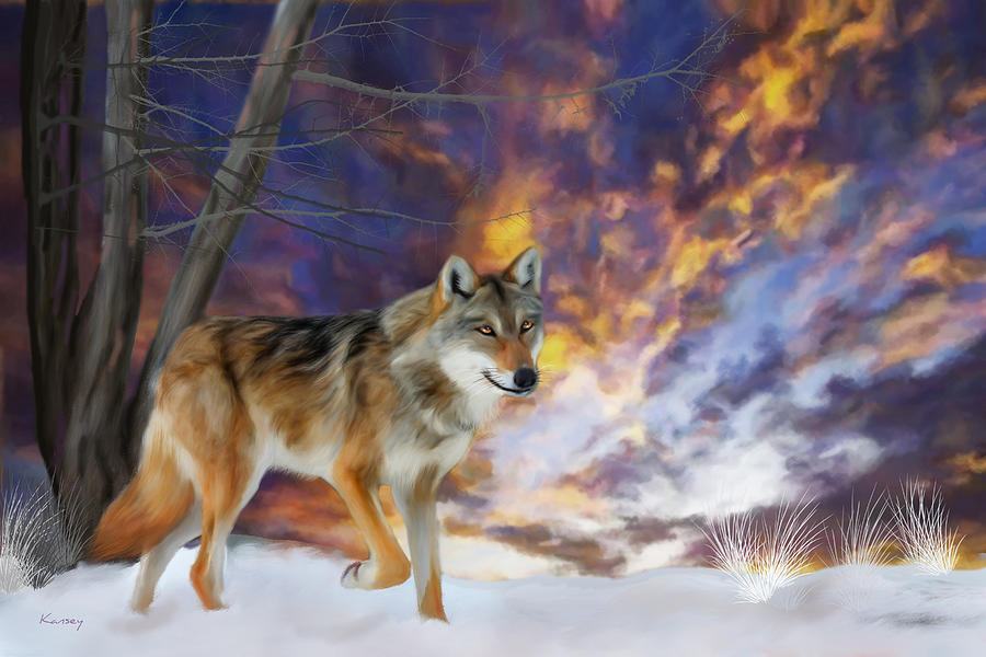 Grey Wolf Winter Painting