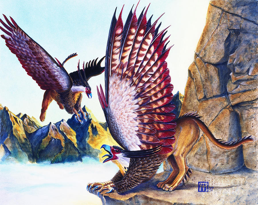 Griffins on Cliff Painting by Melissa A Benson