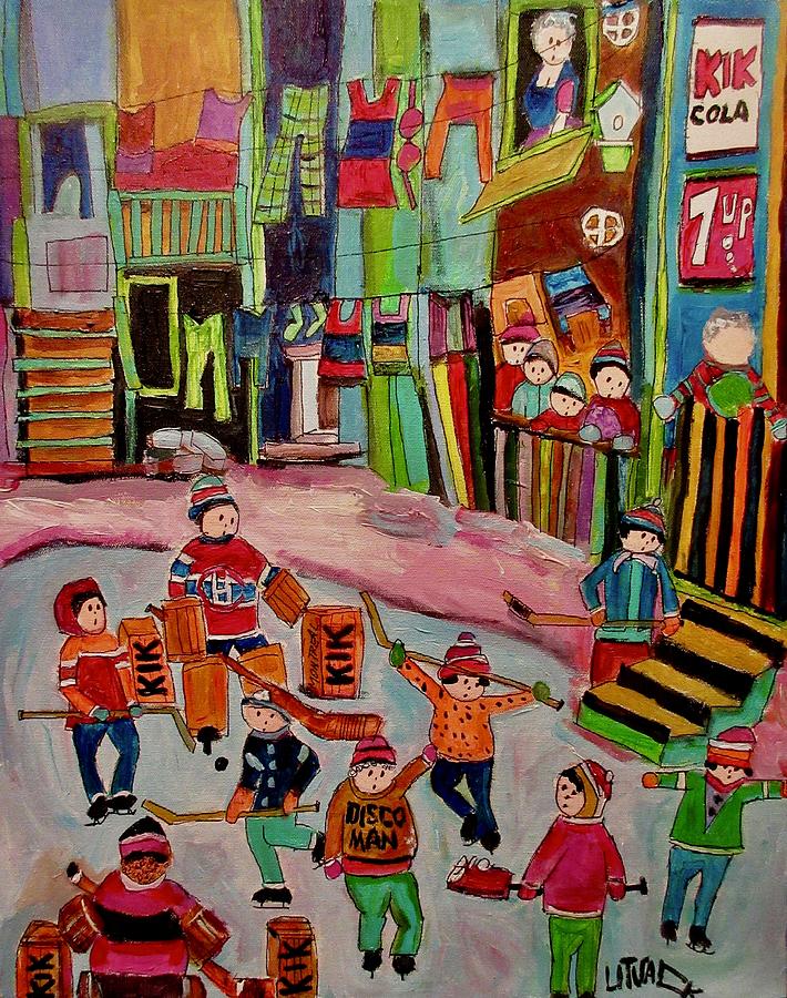 Griffintown Backlane Hockey 1970 Painting by Michael Litvack