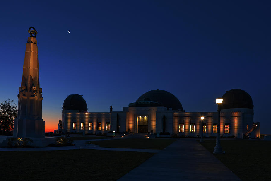 Griffith Observatory And Crescent Moon At Blue Hour Photograph