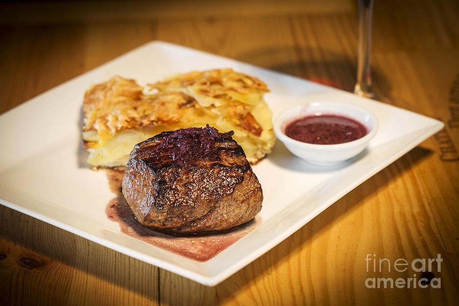 Grilled Steak With Potato Onion And Cheese Bake Photograph