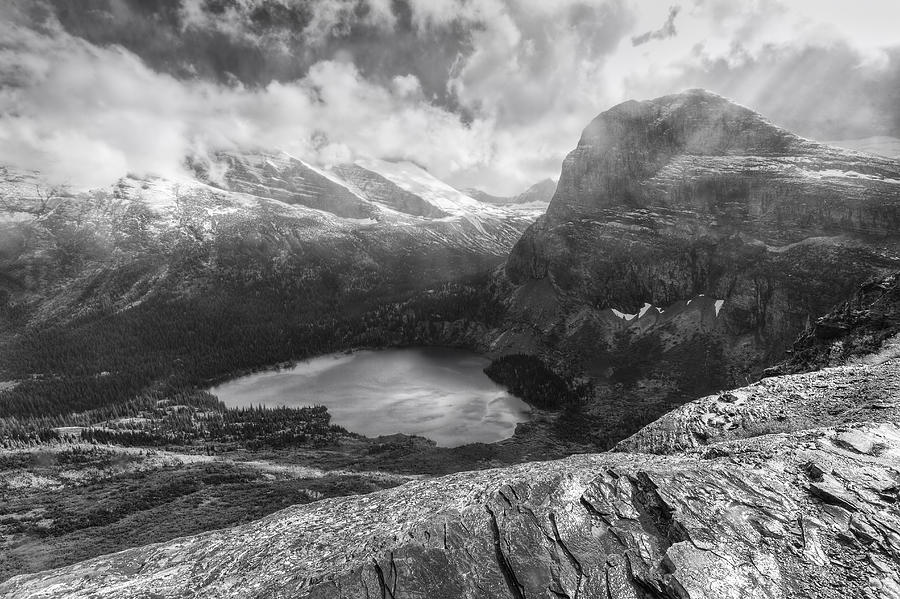 Grinnell Lake Overlook Black and White Photograph by Mark Kiver