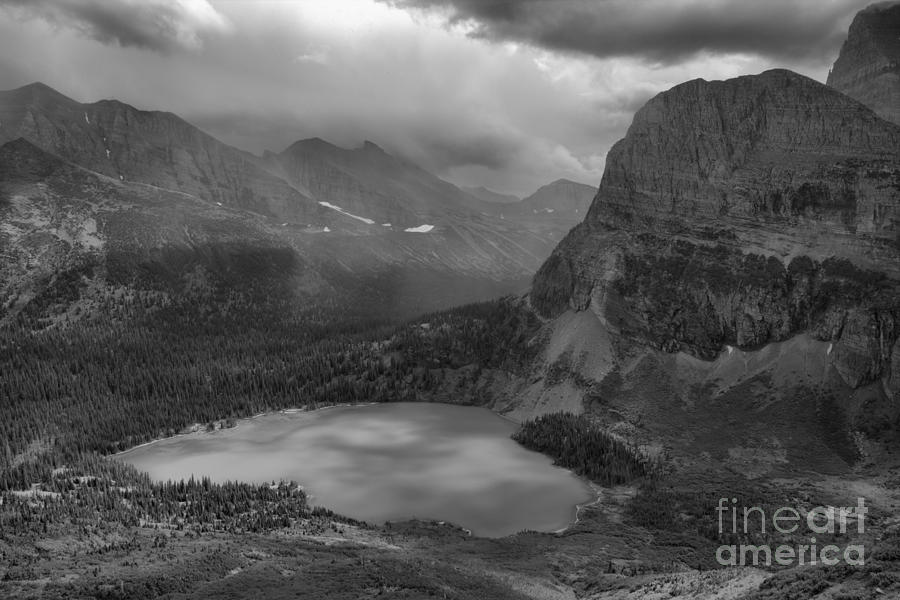 Grinnell Lake Shining Under The Storm Black And White Photograph by Adam Jewell