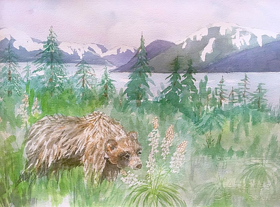Grizzly Bear and Bear Grass Alaska  Painting by Ellen Levinson