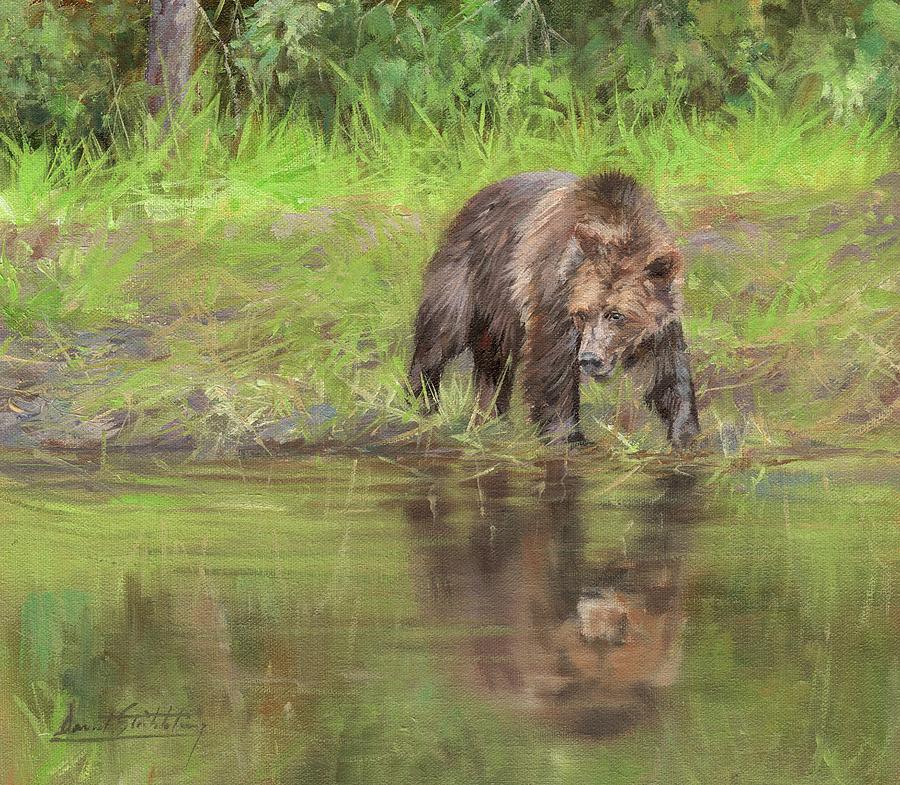 Grizzly Bear at Waters Edge Painting by David Stribbling