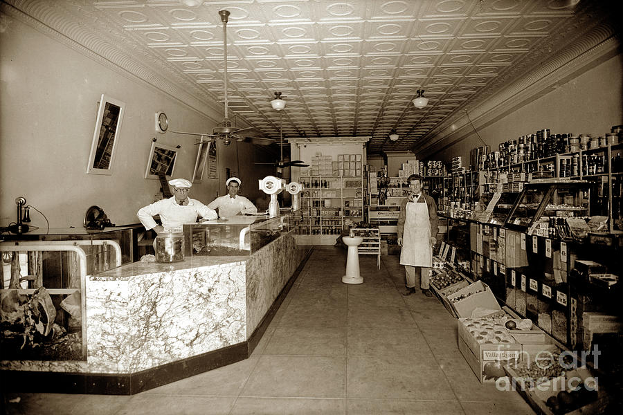 Grocery Store Photograph - Grocery Store Dry Goods and Butcher Shop  circa 1920  by Monterey County Historical Society