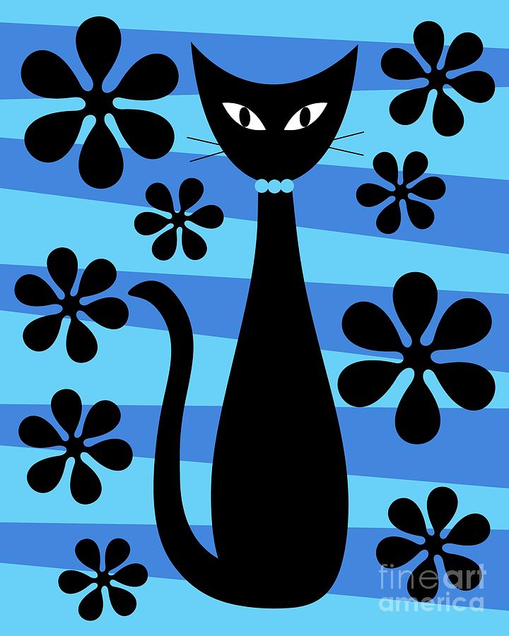 Groovy Flowers with Cat Blue and Light Blue Digital Art by Donna Mibus
