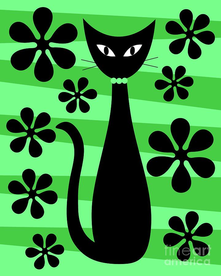 Groovy Flowers with Cat Green and Light Green Digital Art by Donna Mibus