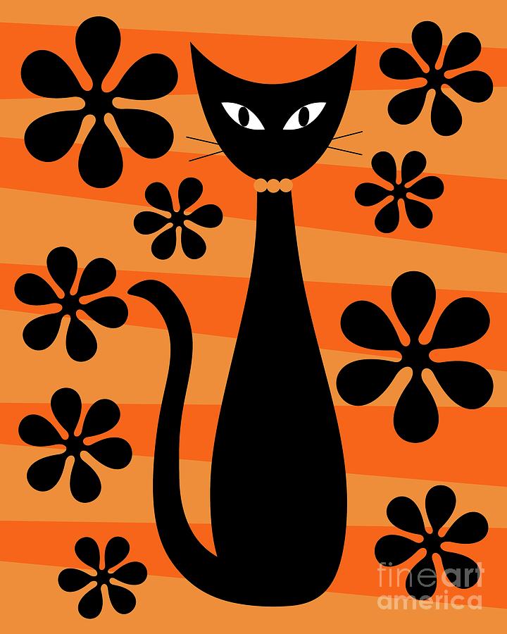 Groovy Flowers with Cat Orange and Light Orange Digital Art by Donna Mibus