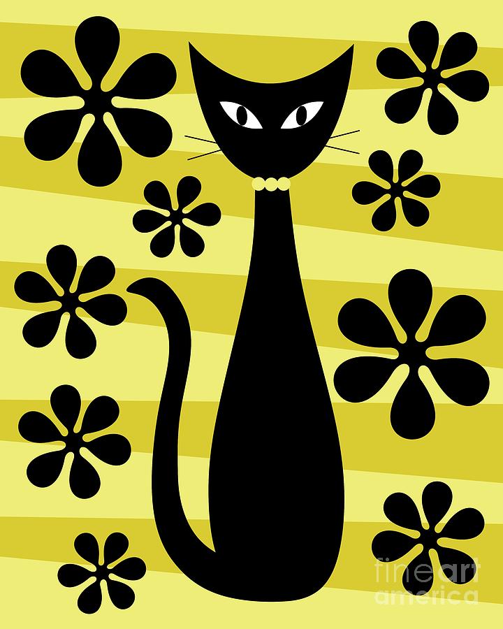 Groovy Flowers with Cat Yellow and Light Yellow Digital Art by Donna Mibus