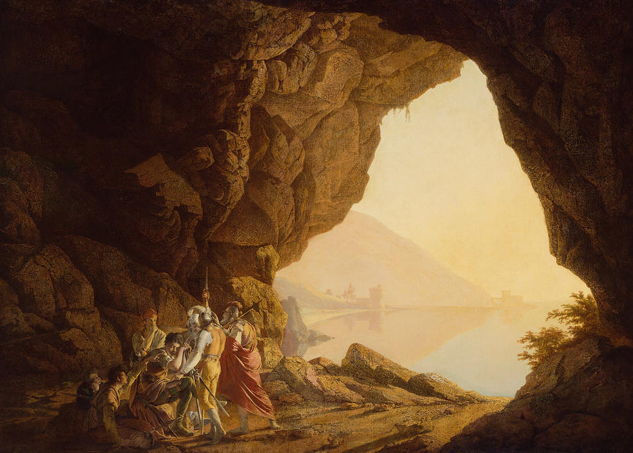 Grotto by the Seaside in the Kingdom of Naples with Banditti, Sunset  Painting by Joseph Wright