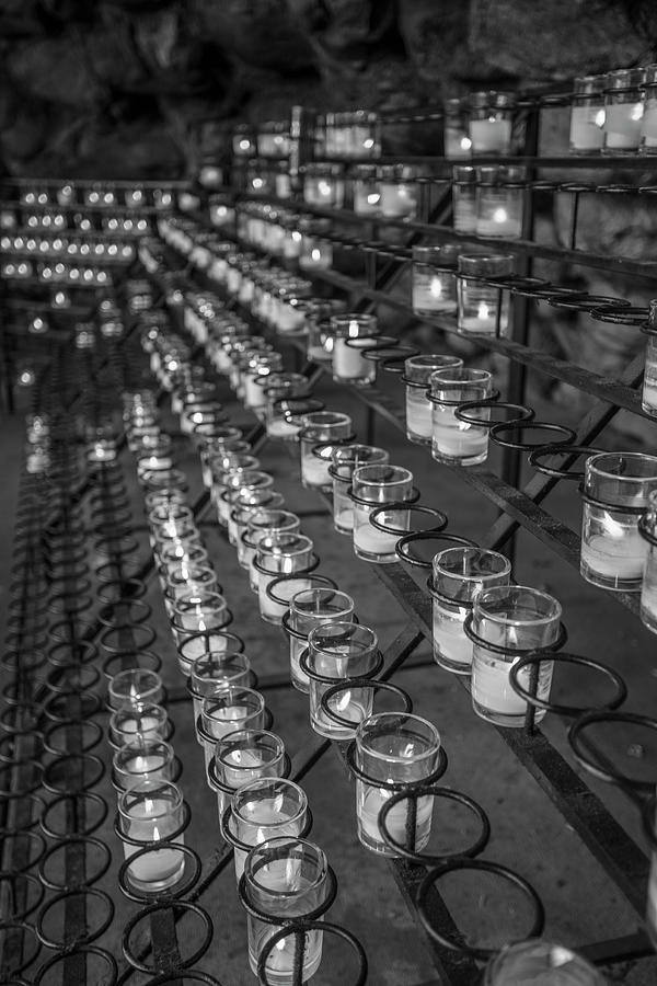 Grotto of Our Lady of Lourdes Candles Black and White  Photograph by John McGraw