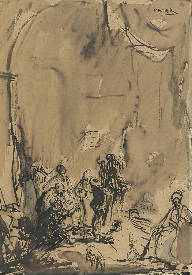 Group of Easterners in busy conversation Drawing by Marius Bauer