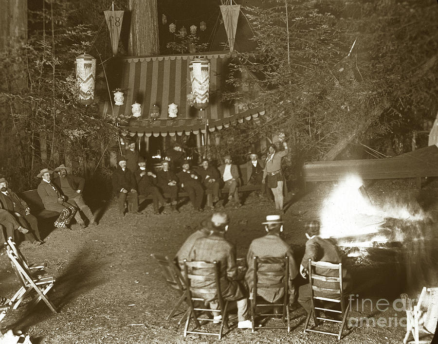 Campfire Photograph - Group of men sitting around campfire, Bohemian Grove August 1901 by Monterey County Historical Society