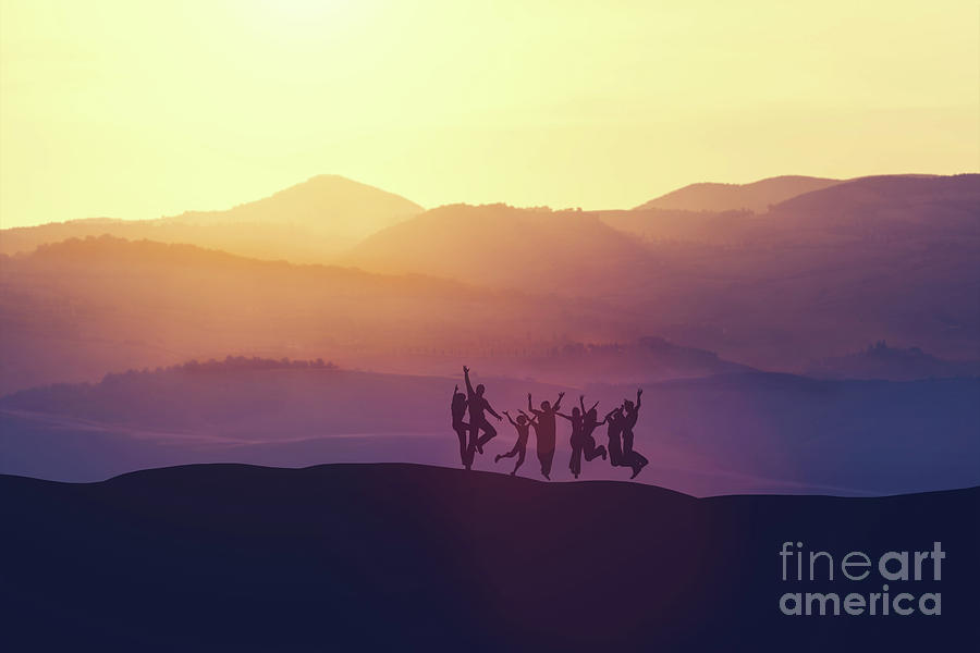 Group of people jumping high on the hill Photograph by Michal Bednarek