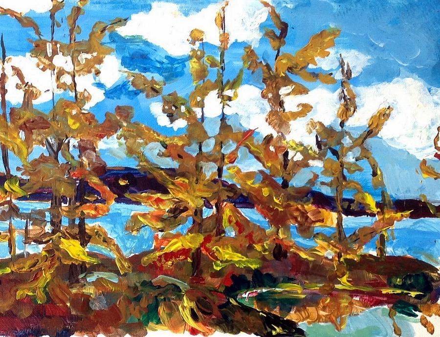 Group of Seven Larches at the Lakeside Painting by Chris Walker