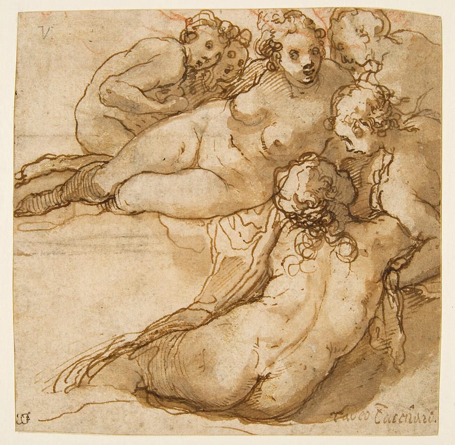 Group of Six Reclining Nude Women. Nymphs Bathing Drawing by Taddeo Zuccaro