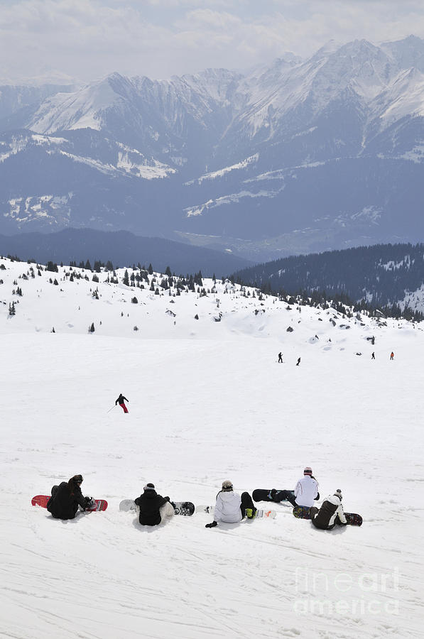 Mountain Photograph - Group of snowboarders on the slopes by Andy Smy