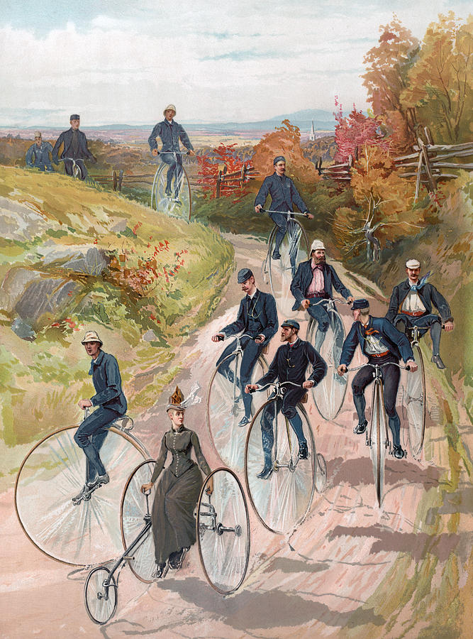 Group riding penny farthing bicycles Painting by American School