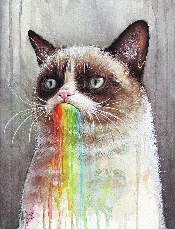 Grumpy Cat Painting - Grumpy Cat Tastes the Rainbow by Olga Shvartsur