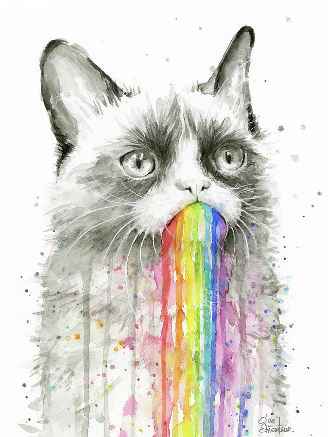 Animal Painting - Grumpy Rainbow Cat by Olga Shvartsur