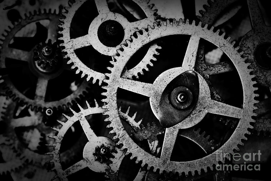 Grunge gear, cog wheels black and white background Photograph by Michal ...