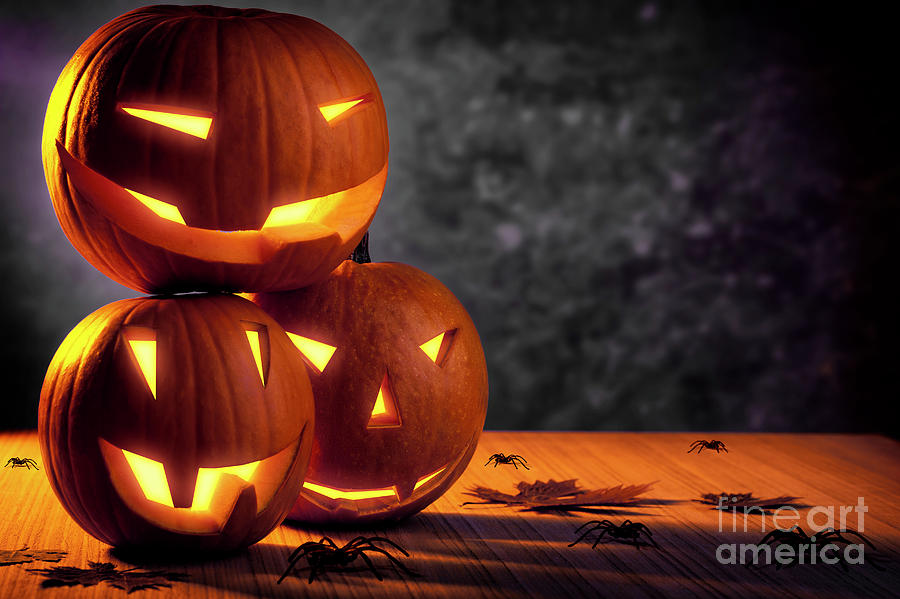 Fall Photograph - Grunge Halloween pumpkins by Anna Om