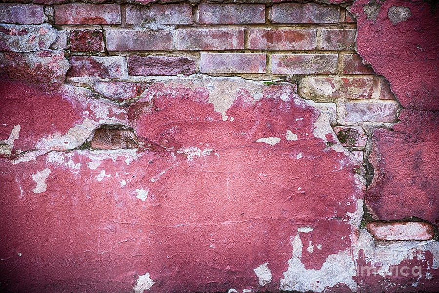 Grunge red wall with broken plaster Photograph by Simon Bratt