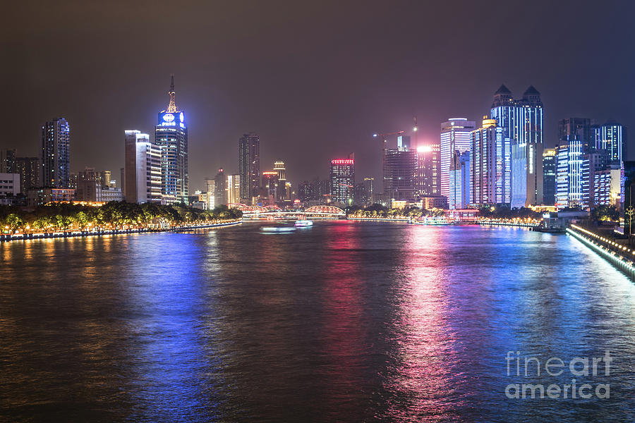 Guangzhou cityscape at night with the Pearl river in China Photograph by Didier Marti