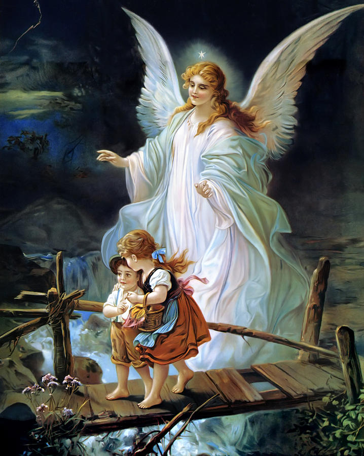 Vintage Painting - Guardian Angel Watching Over Children On Bridge by Lindberg