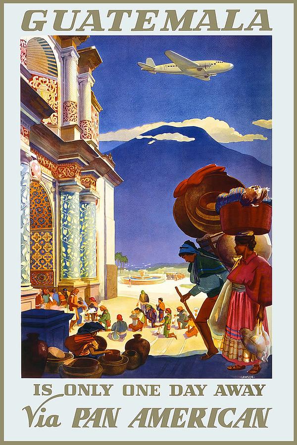 Guatemalan People Queued In Front Of A Colorful Ornate Building - Pan American Vintage Poster Painting