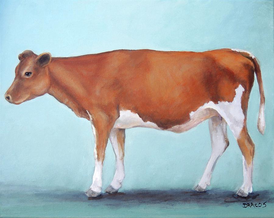 Cow Painting - Guernsey Cow Standing Light Teal Background by Dottie Dracos