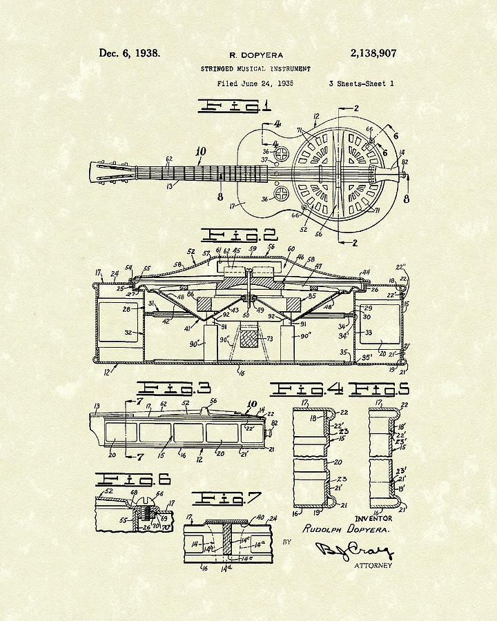 Guitar 1938 Patent Art Drawing by Prior Art Design