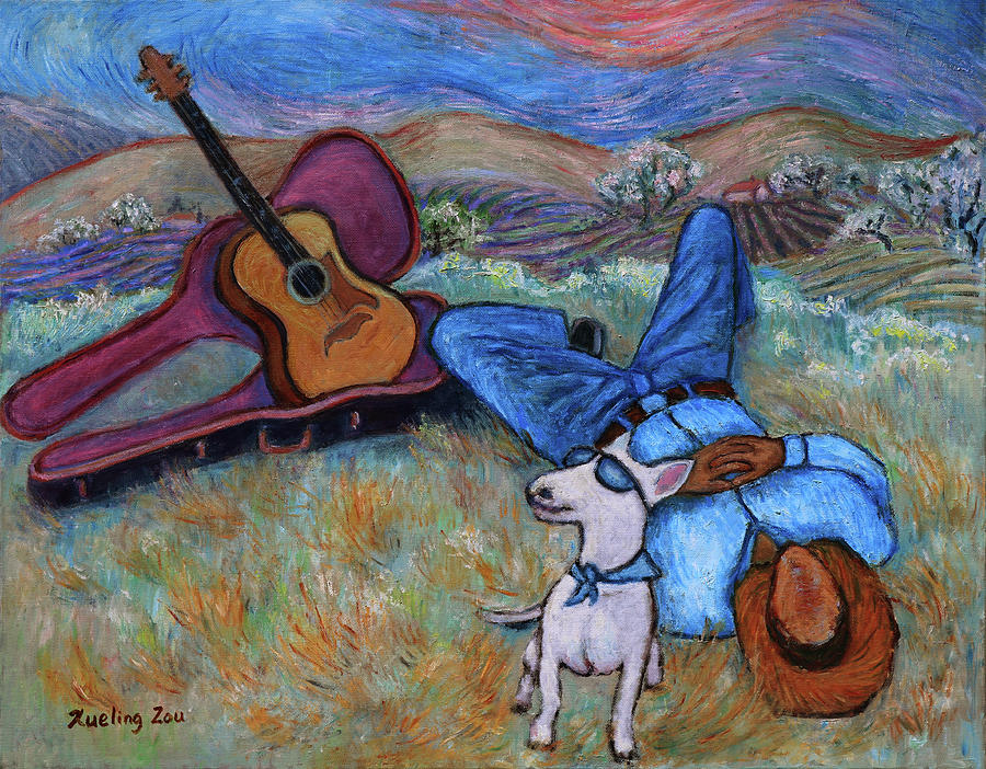 Guitar Doggy and Me in Wine Country Painting by Xueling Zou