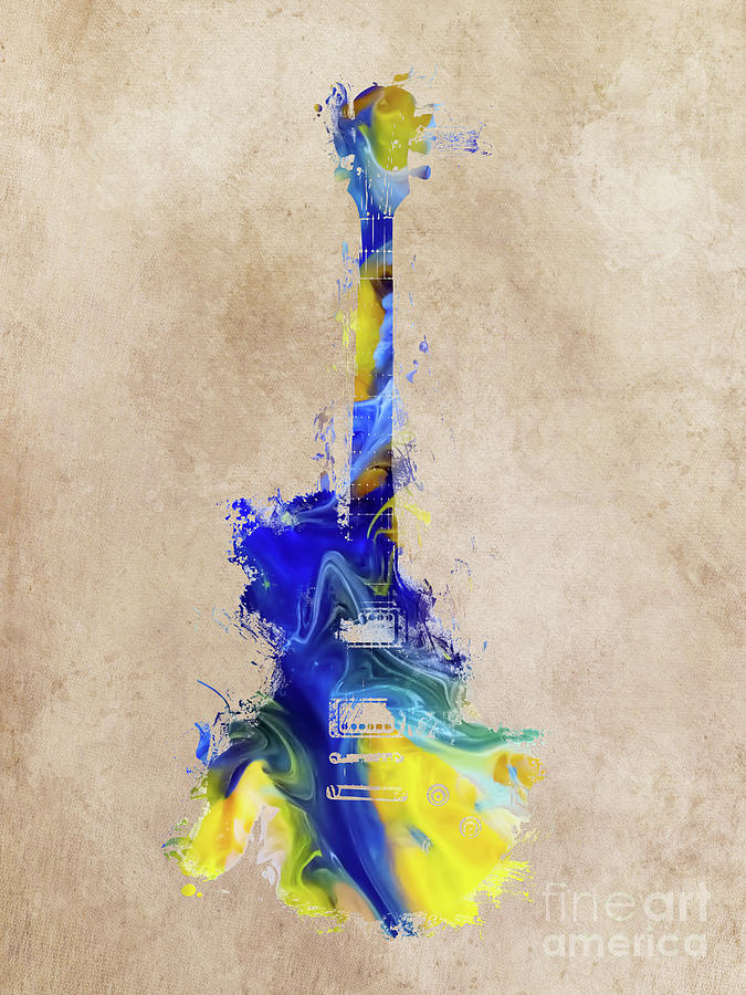 Guitar music instrument art blue yellow Digital Art by Justyna Jaszke JBJart
