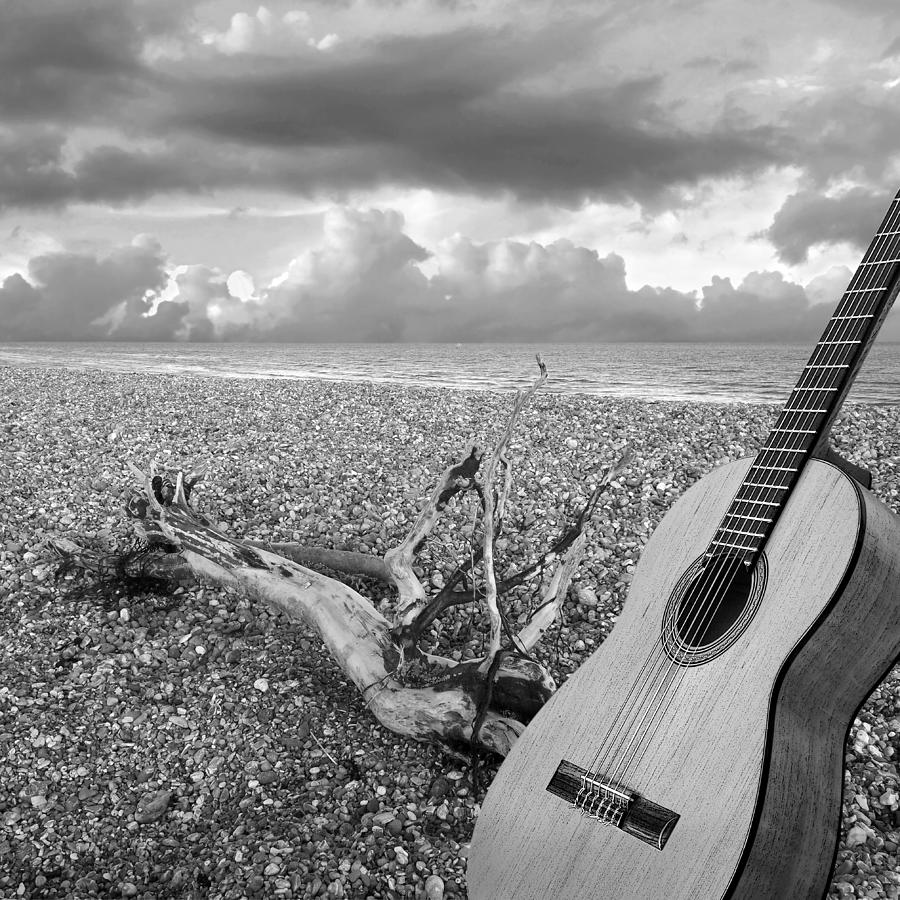 Guitar Serenade On The Beach Black and White Photograph by Gill Billington