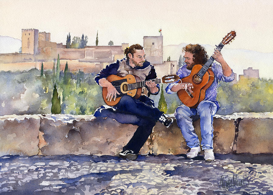 Guitarists En Plaza San Nicolas Granada Painting by Margaret Merry